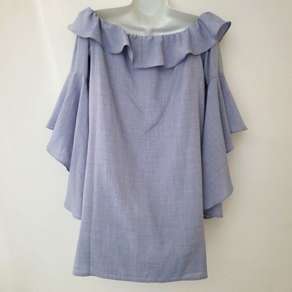 Chambray Grey-Blue Off-Shoulder Ruffle Dress - NWT - M - Picture 6 of 13